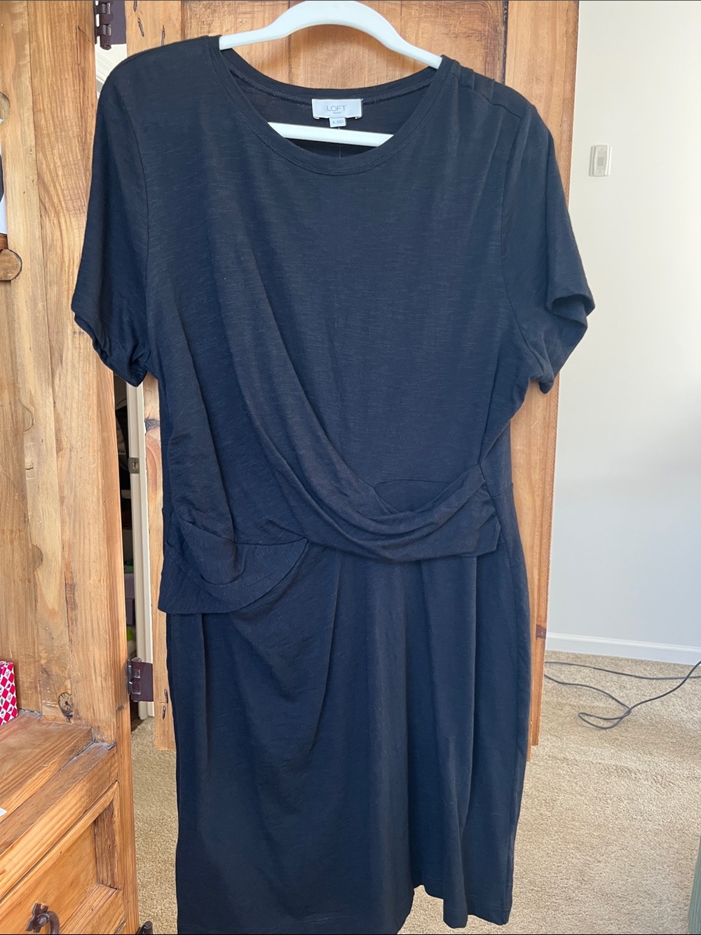 LOFT Black Short-Sleeve Midi Dress with Draped Waist XL NWT